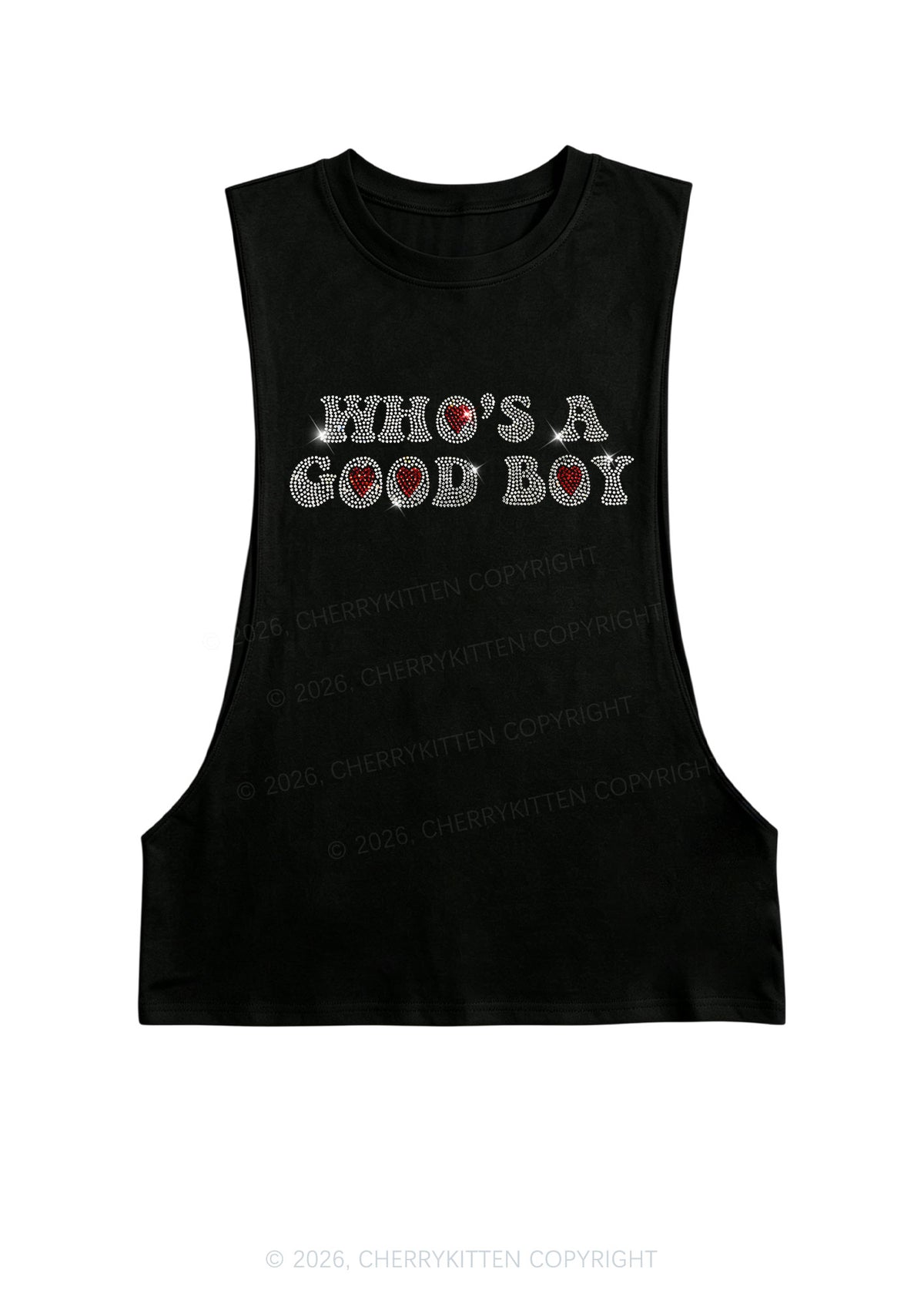 Rhinestone Whos A Good Boy Y2K Men Muscle Side Cutoff Tank Top Cherrykitten