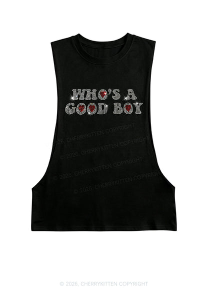 Rhinestone Whos A Good Boy Y2K Men Muscle Side Cutoff Tank Top Cherrykitten