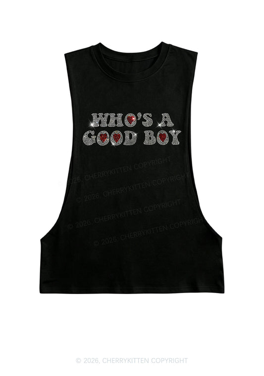 Rhinestone Whos A Good Boy Y2K Men Muscle Side Cutoff Tank Top Cherrykitten