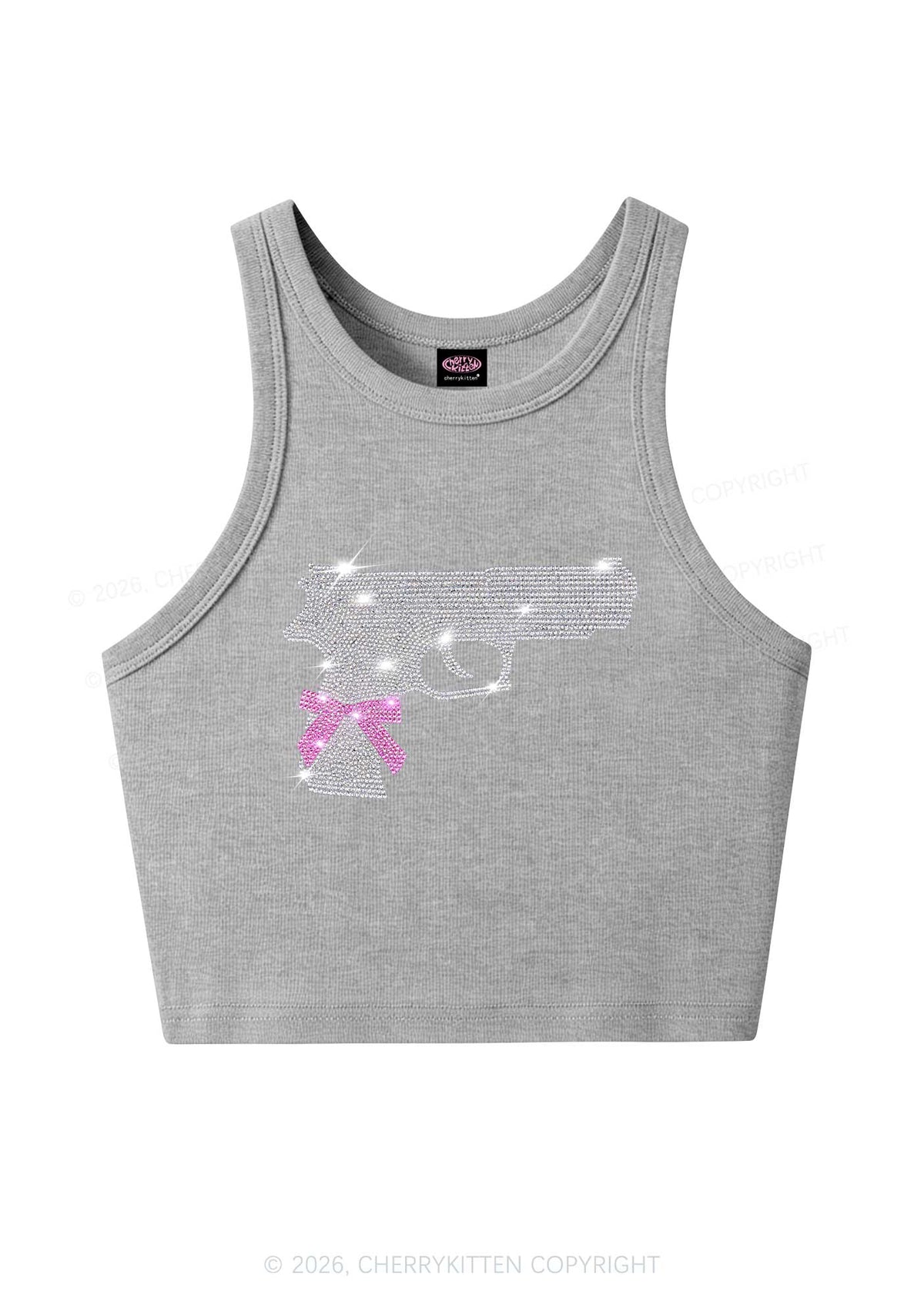 Rhinestone Pink Bow Weapon Y2K Crop Tank Top Cherrykitten