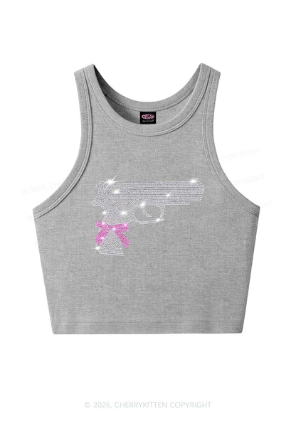 Rhinestone Pink Bow Weapon Y2K Crop Tank Top Cherrykitten