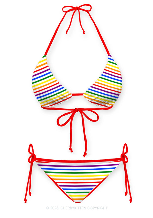 Rainbow Stripes Pride Y2K Print Bikini Set Cherrykitten