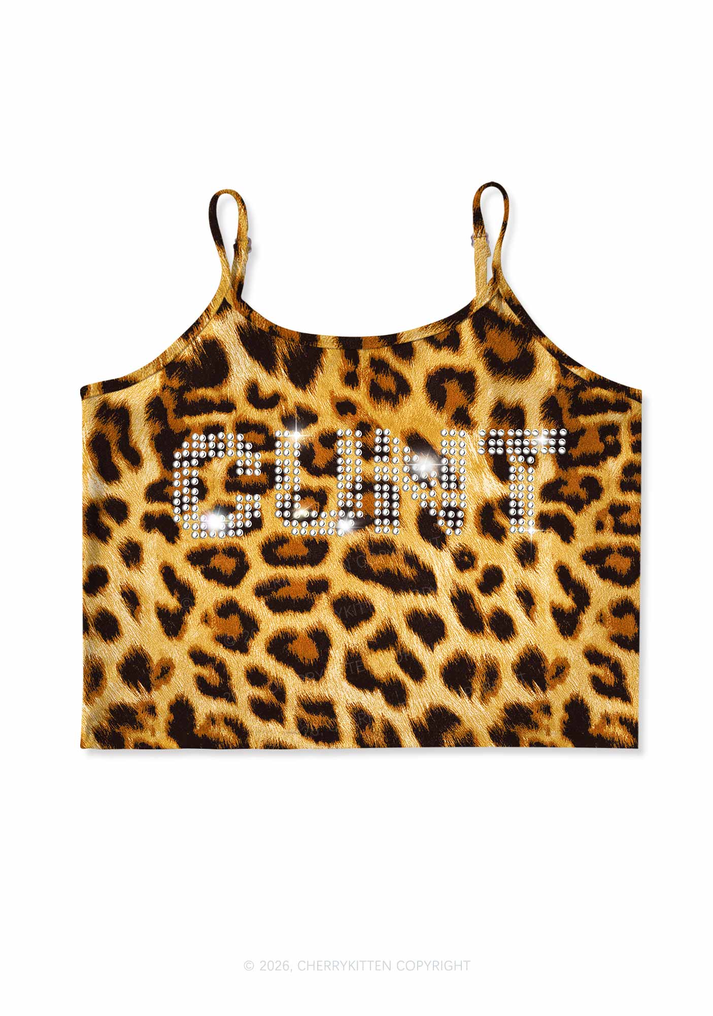 Rhinestone Cxxt Y2K Brown Leopard Print Cami Crop Top Cherrykitten