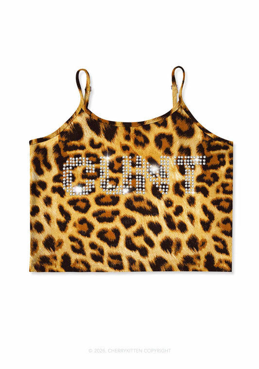 Rhinestone Cxxt Y2K Brown Leopard Print Cami Crop Top Cherrykitten