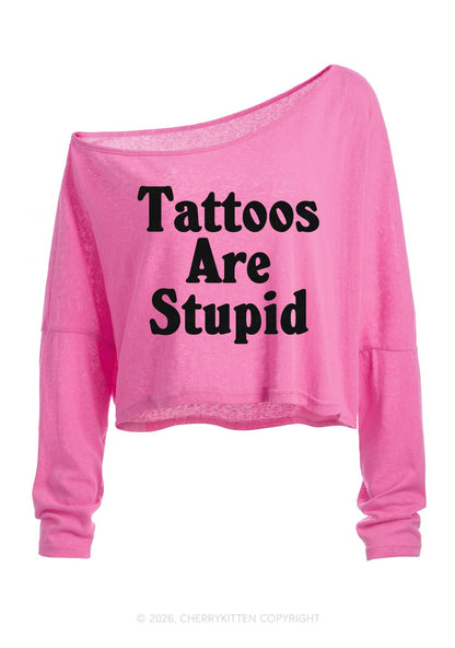 Tattoos Are Stupid Y2K Off Shoulder Long Sleeve Crop Top Cherrykitten