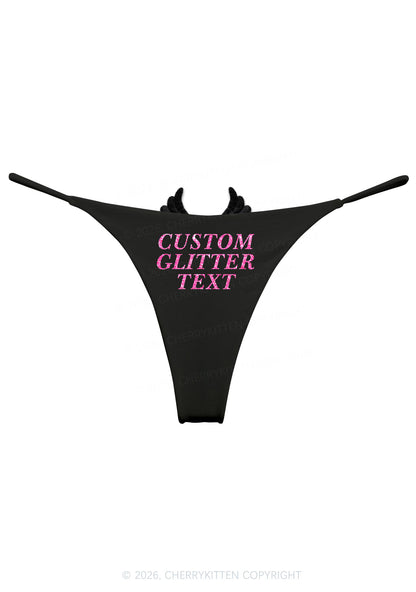Custom Text Glitter Y2K Bikini String Thong With Black Wings Cherrykitten
