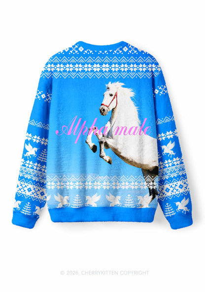 Blue Sky Alpha Male Horse Y2K Knit Sweatshirt Cherrykitten