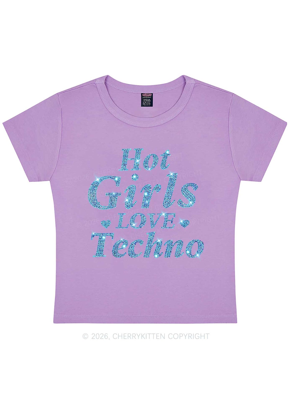 Rhinestone Blue Hot Girls Love Techno Y2K Baby Tee Cherrykitten