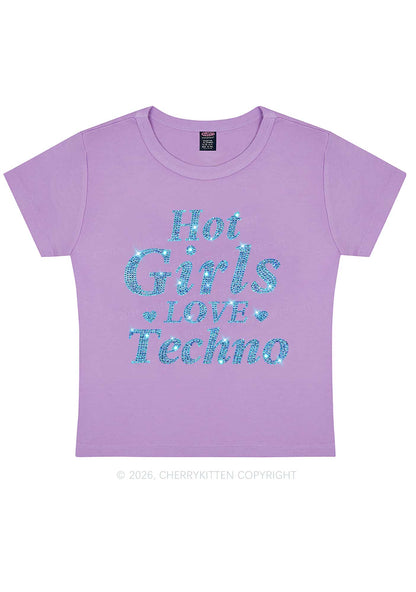 Rhinestone Blue Hot Girls Love Techno Y2K Baby Tee Cherrykitten