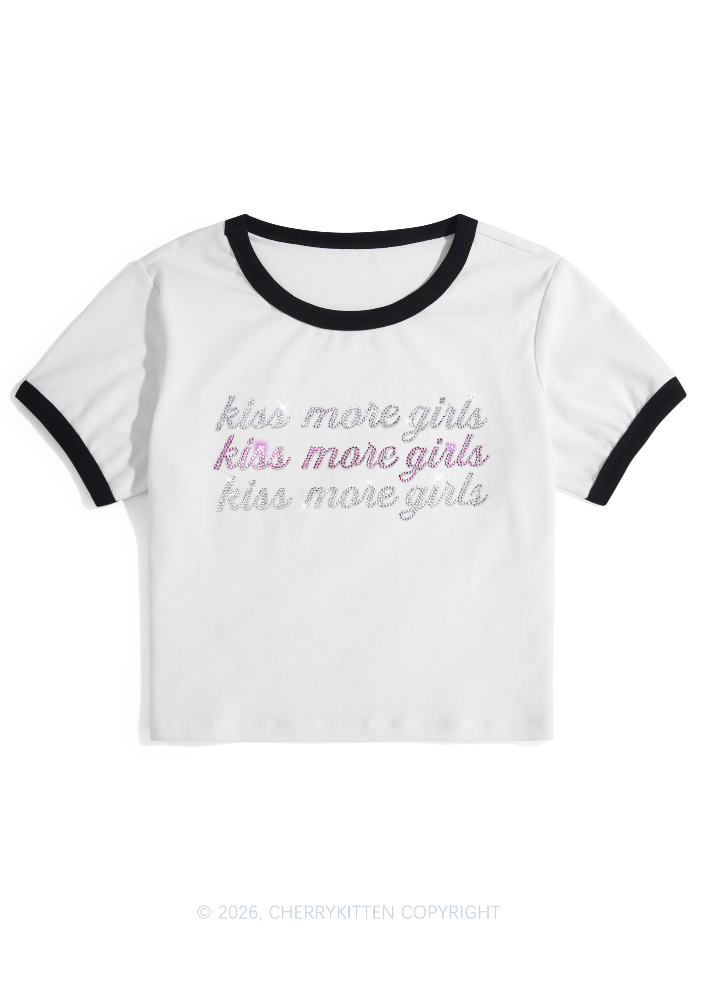 Rhinestone Kiss More Girls Pride Y2K Ringer Tee Cherrykitten