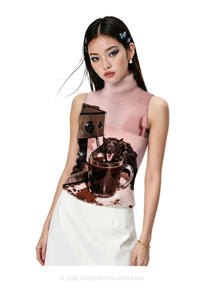 Halloween Bat Coffee Y2K Knit Turtleneck Tank Top Cherrykitten