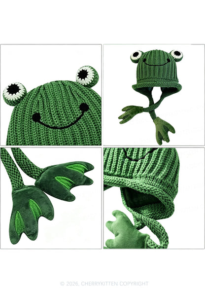 Frog Earflap Y2K Knitted Hat Cherrykitten