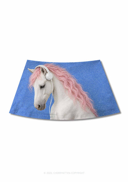 Pink Mane Horse With Headphones Y2K Print Mini Skirt Cherrykitten