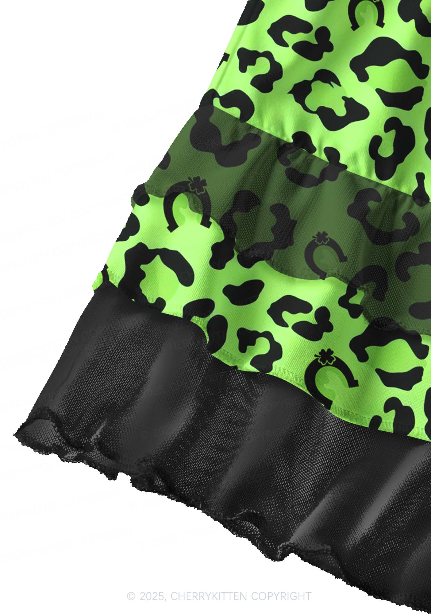 Fluorescent Green Leopard St Patricks Y2K Print Mini Layered Skirt Cherrykitten
