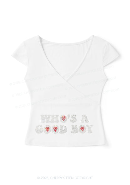 Rhinestone Whos A Good Boy Y2K Wrap V Neck T Shirts Cherrykitten