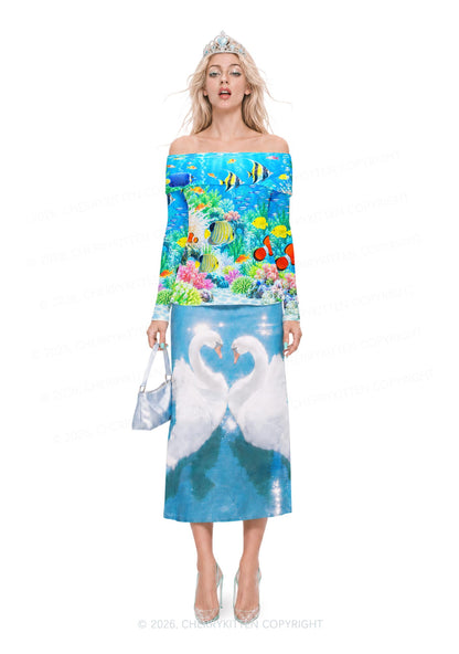 Ocean Fish Y2K Off Shoulder Fold Over Knit Top Cherrykitten