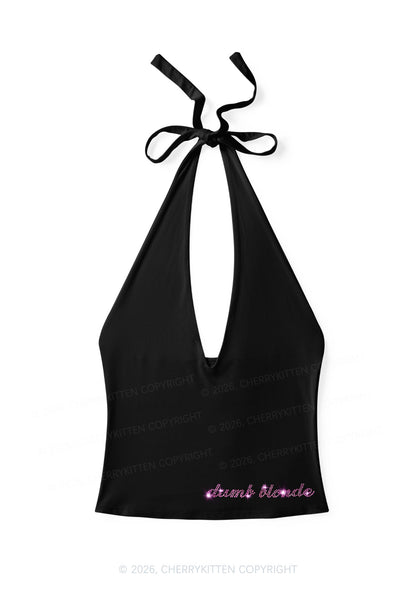 Rhinestone Pink Dumb Blonde Y2K Halter Deep V Neck Cami Cherrykitten
