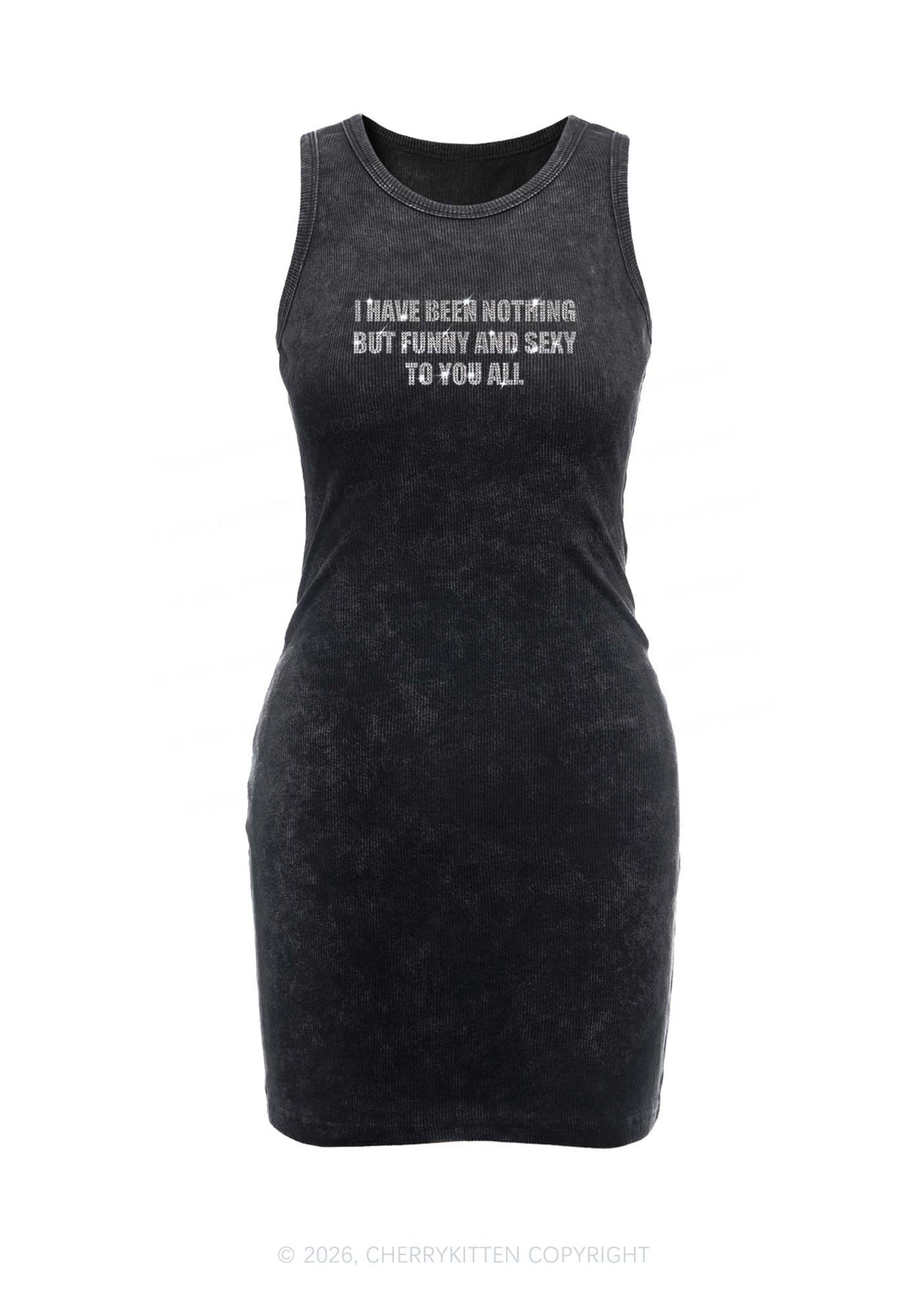 Rhinestone I Have Been Funny Y2K Washed Tank Dress Cherrykitten
