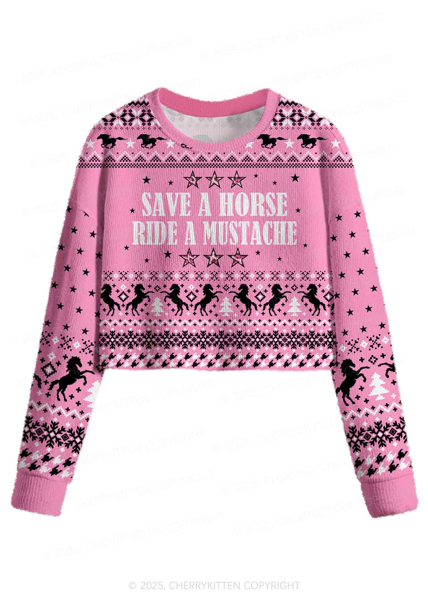 Ride A Mustache Y2K Christmas Crop Knit Sweatshirt Cherrykitten