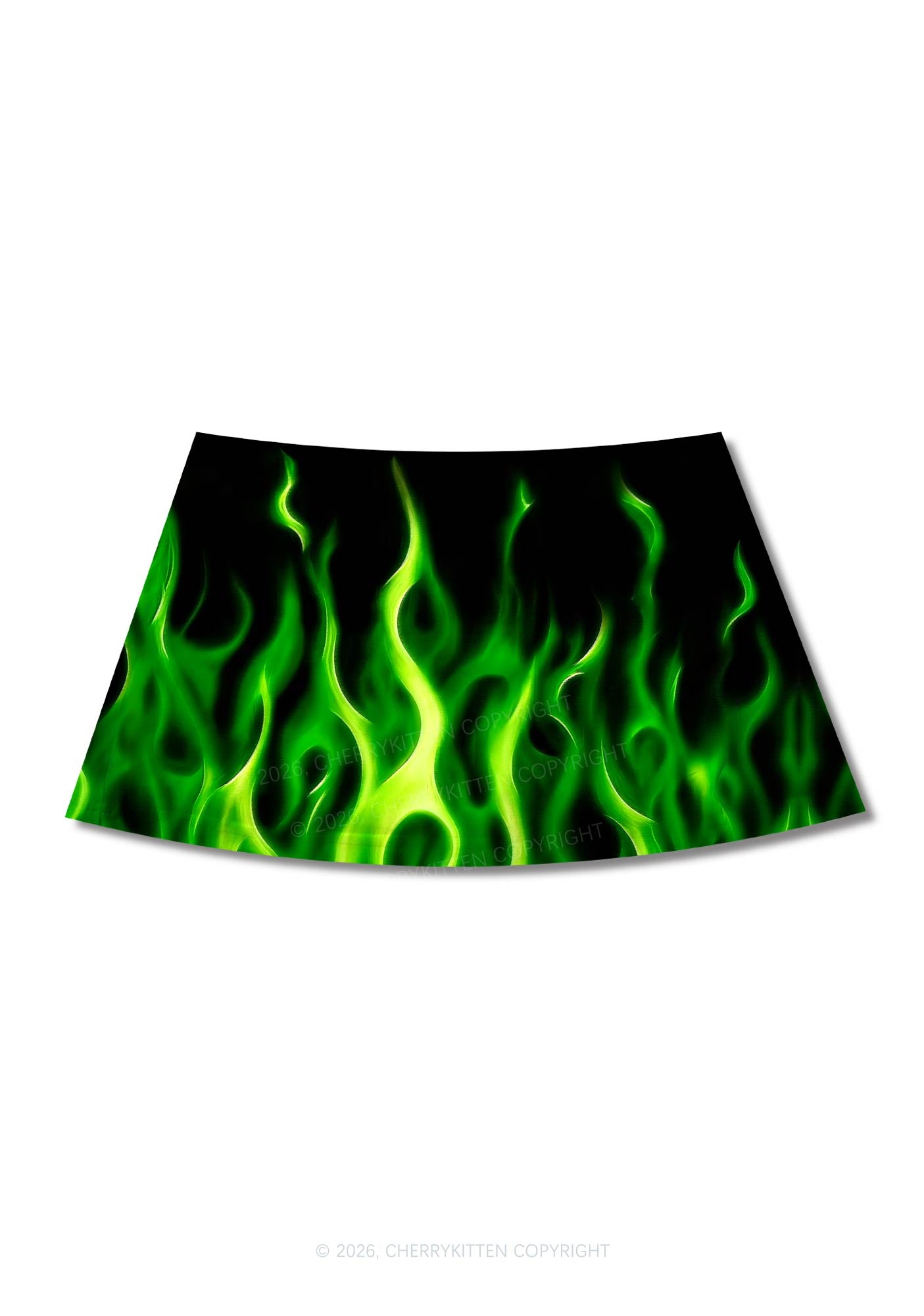 Neon Green Flame Y2K Print Mini Skirt Cherrykitten