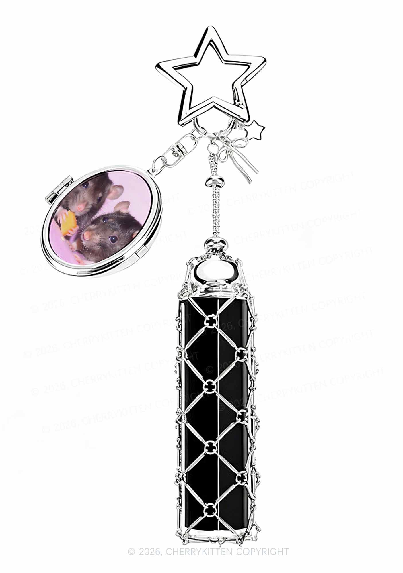Cheese Rat 1pc Y2K Metal Mesh Lipstick Holder Keychain With Mirror Cherrykitten