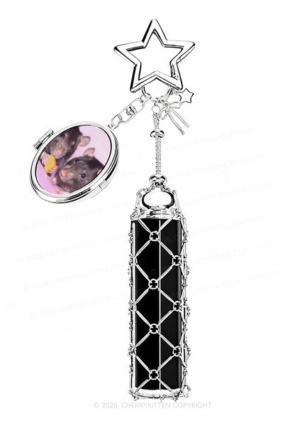 Cheese Rat 1pc Y2K Metal Mesh Lipstick Holder Keychain With Mirror Cherrykitten
