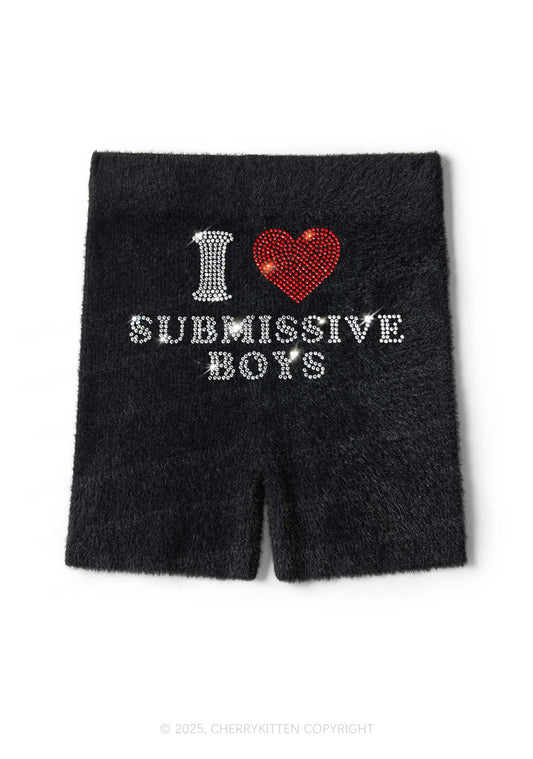 Rhinestone I Love S Boys Y2K Fluffy Shorts Cherrykitten