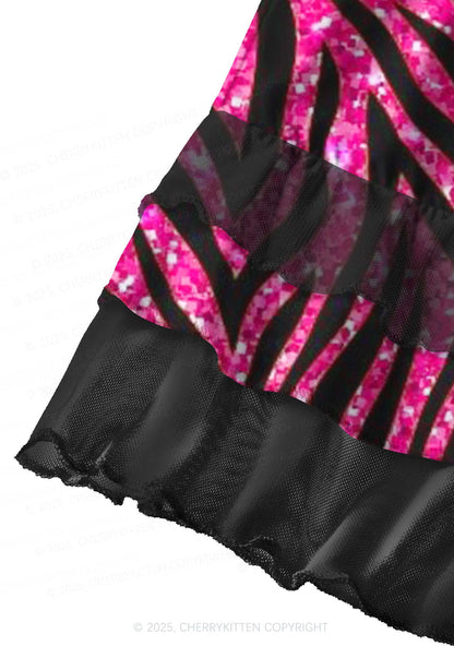 Sparkly Pink Zebra Y2K Print Mini Layered Skirt Cherrykitten