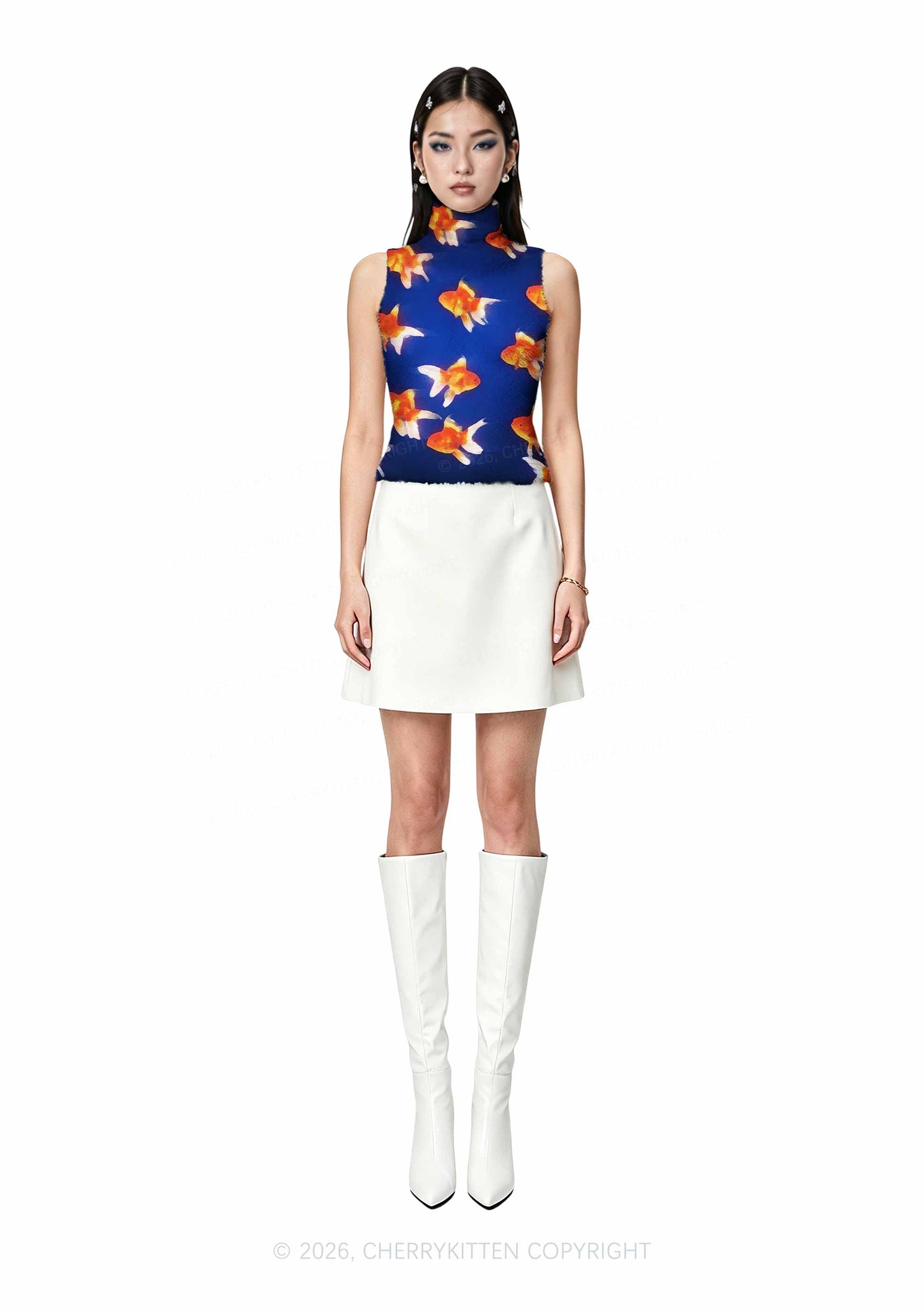 Goldfish On Blue Y2K Knit Turtleneck Tank Top Cherrykitten