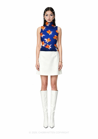 Goldfish On Blue Y2K Knit Turtleneck Tank Top Cherrykitten