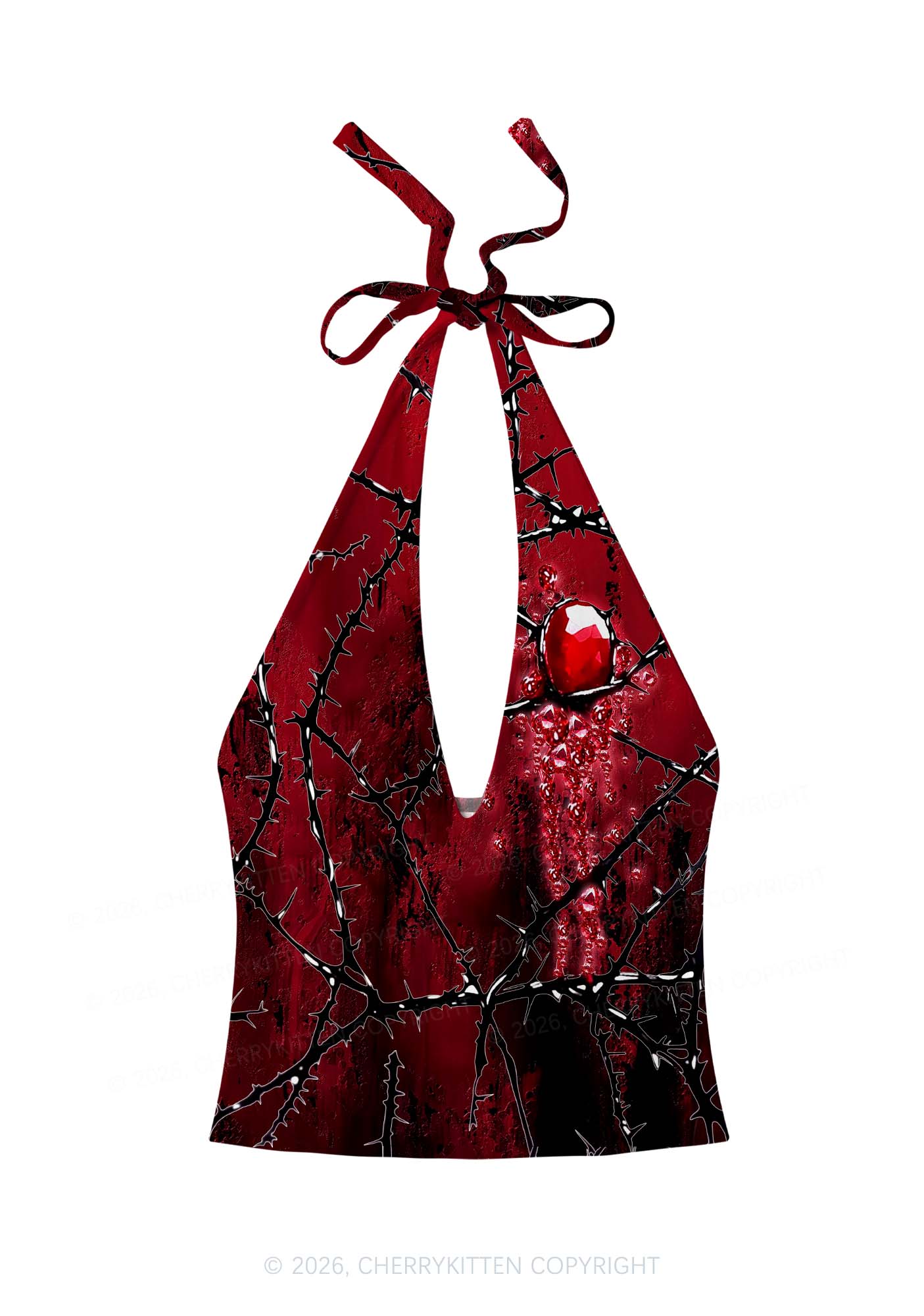 Thorned Ruby Y2K Print Halter Deep V Neck Cami Cherrykitten