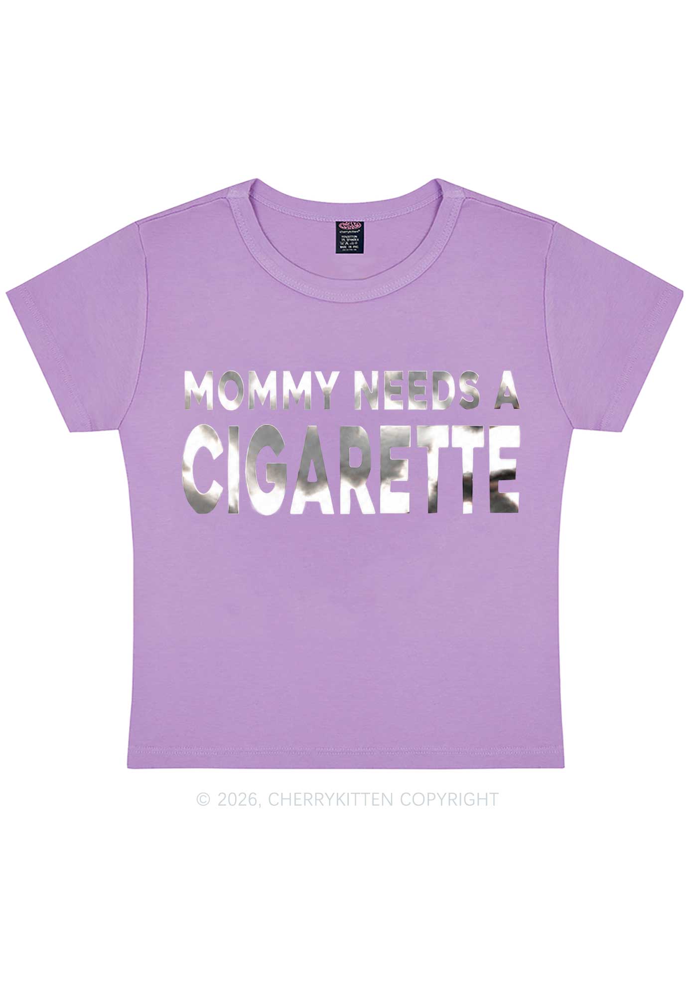 Mommy Needs A Cigarette Silver Foil Printed Y2K Baby Tee Cherrykitten