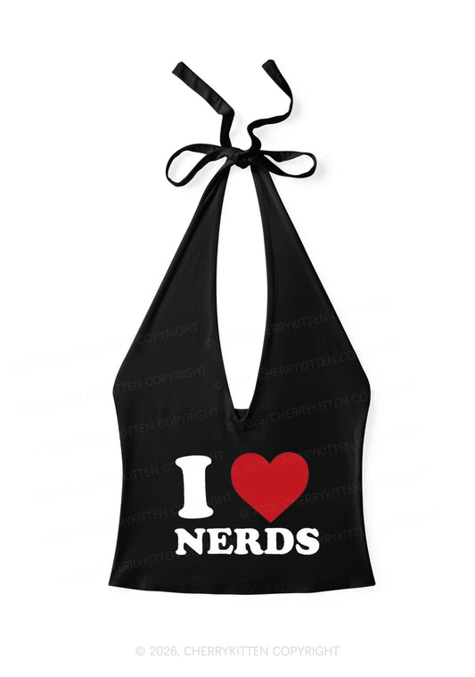 I Love Nerds Y2K Halter Deep V Neck Cami Cherrykitten