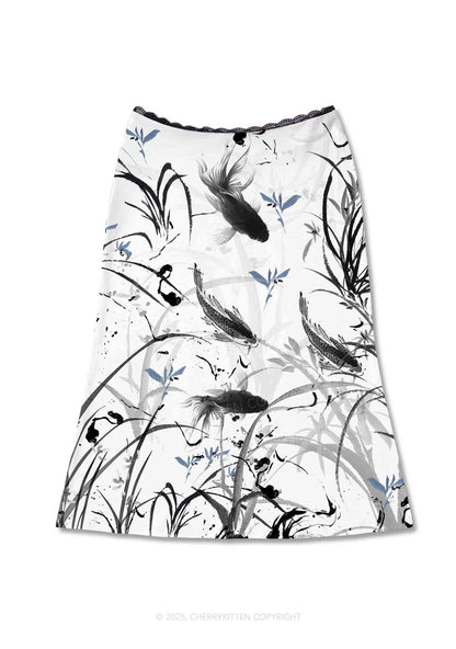 Ink Carp Y2K Print Midi Skirt Cherrykitten