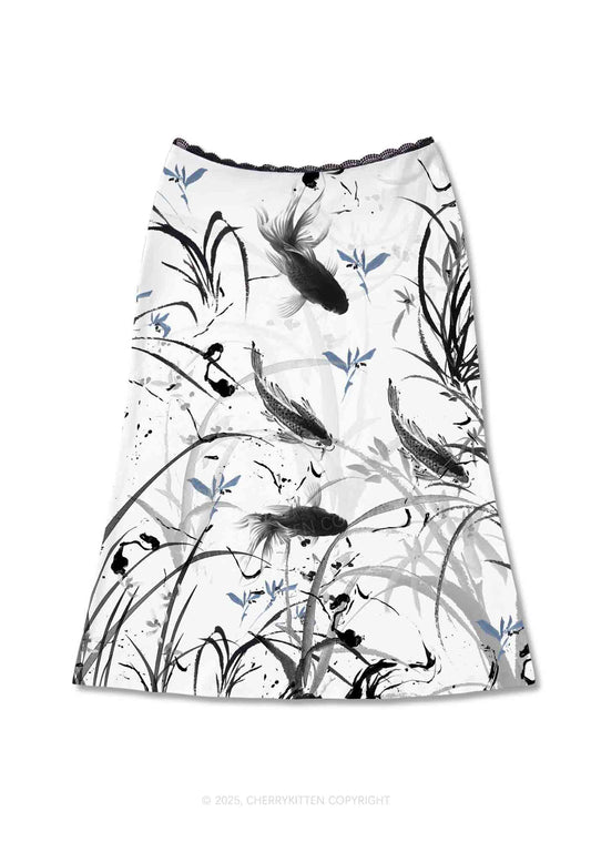 Ink Carp Y2K Print Midi Skirt Cherrykitten
