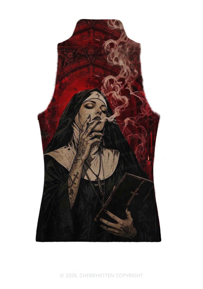 Gothic Tattoos Nun Y2K Knit Turtleneck Tank Top Cherrykitten