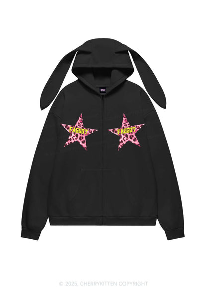 Faggot Leopard Star Pride Y2K Bunny Ear Zip Hoodie Cherrykitten
