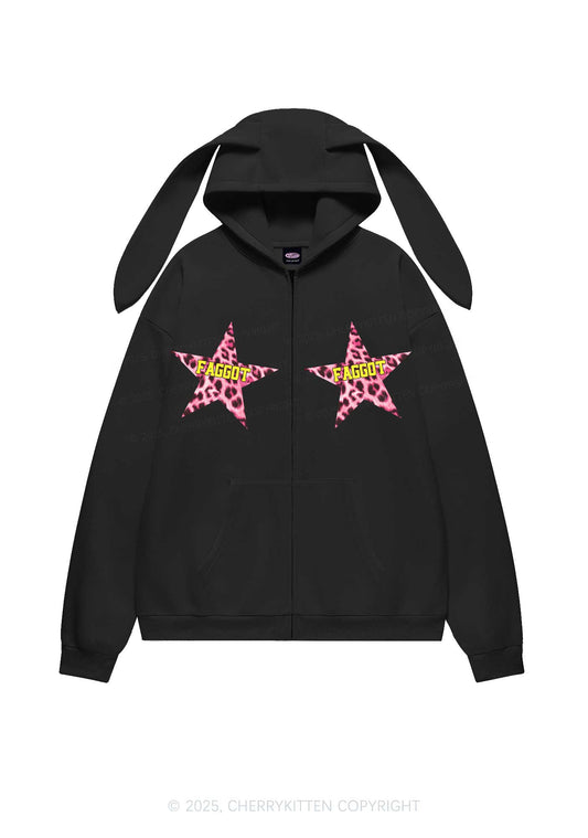 Faggot Leopard Star Pride Y2K Bunny Ear Zip Hoodie Cherrykitten