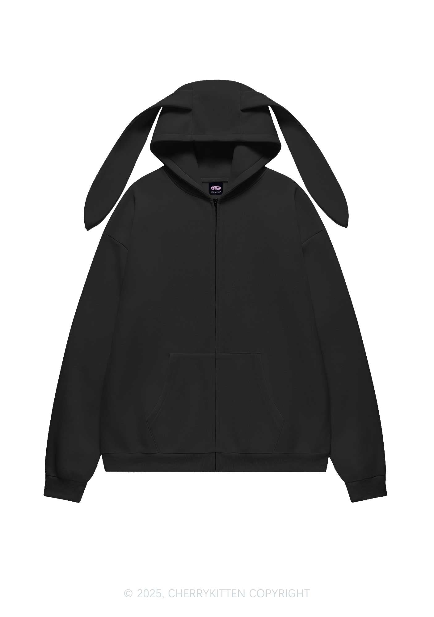 Plain Y2K Bunny Ear Zip Hoodie Cherrykitten