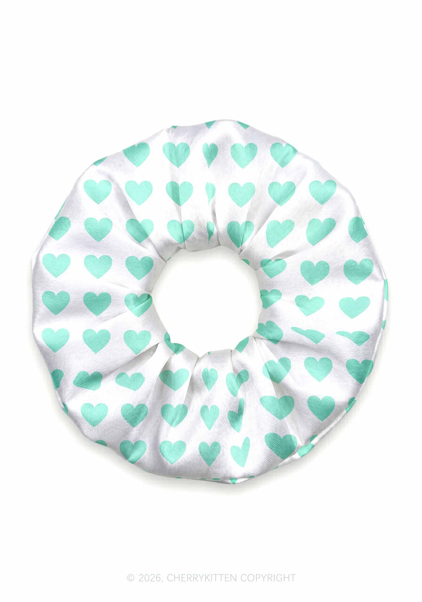 Mint Green Heart On White Y2K Hair Scrunchie Cherrykitten