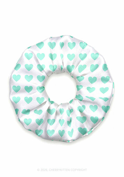 Mint Green Heart On White Y2K Hair Scrunchie Cherrykitten