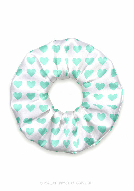 Mint Green Heart On White Y2K Hair Scrunchie Cherrykitten