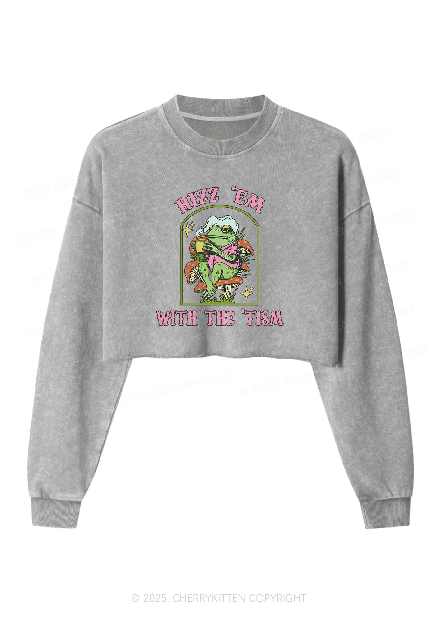 Tism Rizz Frog Y2K Crop Washed Sweatshirts Cherrykitten