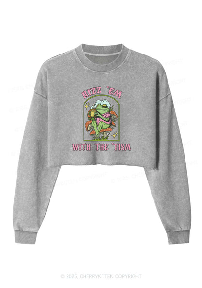 Tism Rizz Frog Y2K Crop Washed Sweatshirts Cherrykitten