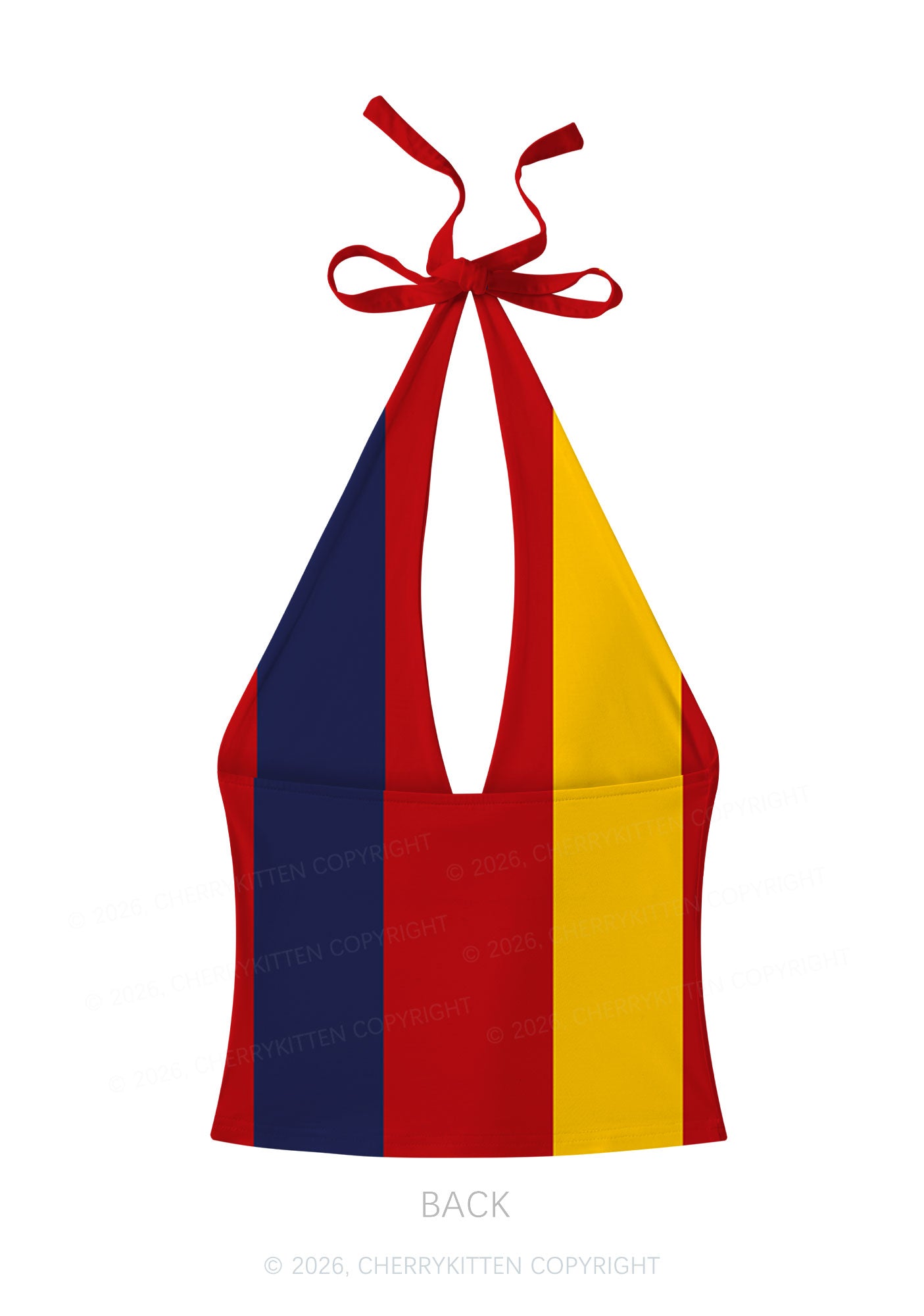 Red Navy Yellow Vertical Stripe Y2K Print Halter Deep V Neck Cami Cherrykitten