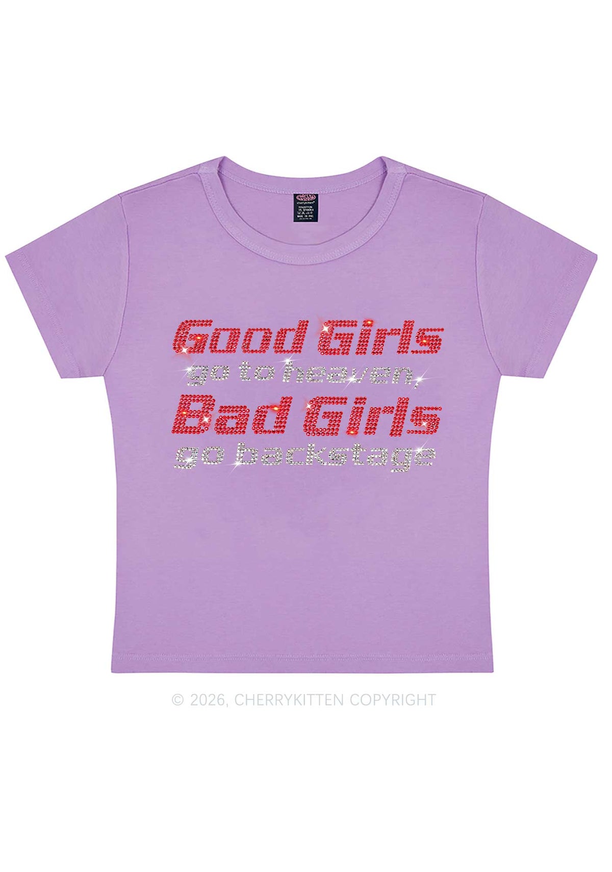 Rhinestone Bad Girls Go Backstage Y2K Baby Tee Cherrykitten