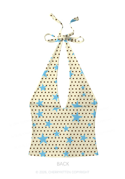 Dots With Blue Star Y2K Print Halter Deep V Neck Cami Cherrykitten