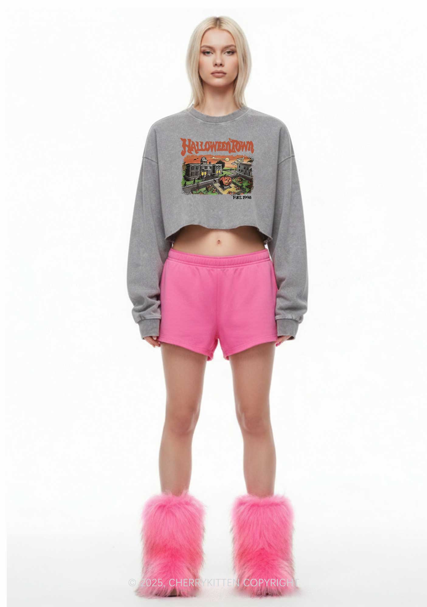 Halloween Town Y2K Crop Washed Sweatshirts Cherrykitten