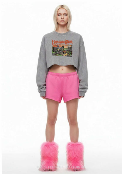 Halloween Town Y2K Crop Washed Sweatshirts Cherrykitten
