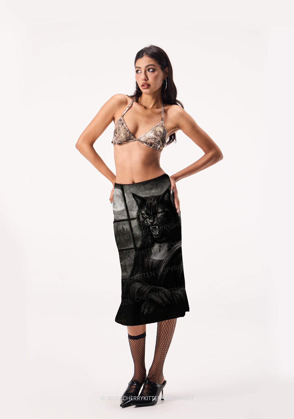 Halloween Moon Night Werewolf Y2K Print Midi Skirt Cherrykitten